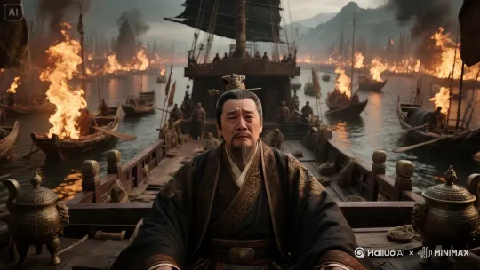 [推出,上升,下摇]人物表情难过，战火纷飞，烟雾滚滚。 by Hailuo AI Video Generator