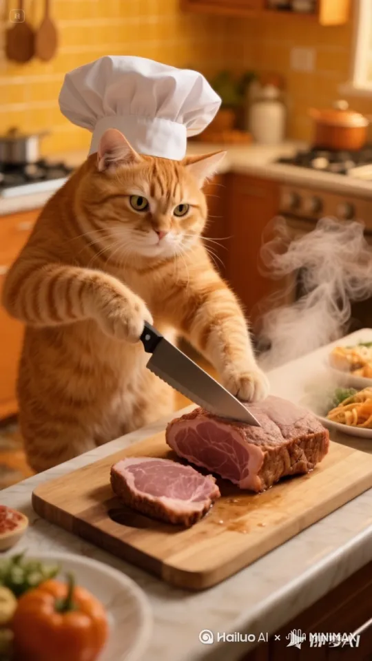 橘猫拿着刀正在切肉，动作要自然，特别是手里的刀，刀要切到肉里，肉也要很自然的裂开，它正准备做一顿丰富的晚餐。旁边还冒着热气。 by Hailuo AI Video Generator