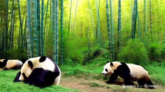 几只大熊猫在野外竹林深处活动嬉戏吃青竹[跟随] by Hailuo AI Video Generator