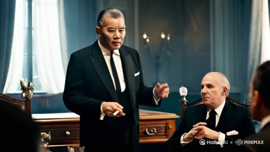 美国七八十年代的黑帮教父，年龄四十岁左右，眼神有威慑力，梳着油背头，手上掐着雪茄，嘴里在高谈阔论给他的手下，要符合电影教父的感觉，注意细节。 by Hailuo AI Video Generator