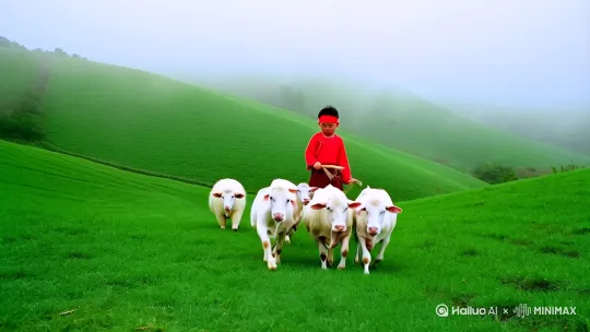 远景镜头：连绵青山薄雾缭绕，8岁牧童扎着红头绳，手持竹鞭从山坡走来
• 三只白羊、两头黄牛、一匹枣红马跟随其后

发展（30s）：
1. 放羊段落（10s）
- 低角度跟拍羊群啃食草尖的特写
- 孩子抛撒盐块，羊群簇拥舔手的近景
2. 牧牛时刻（8s）
- 仰拍牛背上的孩子吹竹笛，发丝在逆光中泛金边
- 老牛摆尾驱蝇的趣味特写
3. 纵马片段（7s）
- 慢动作拍摄马蹄踏碎野花，草屑飞溅
- 孩子俯身贴马颈的亲密互动

高潮（5s）：
• 无人机俯拍：三种动物如流动色块点缀山野
• 孩子站在岩石上挥动外套，衣角在风中猎猎作响

结尾（5s）：
• 夕阳将影子拉长，队伍走向炊烟升起的村落
• 定格在篱笆门"吱呀"开启的瞬间，黑屏后浮现毛笔字：万物有灵 by Hailuo AI Video Generator