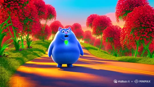 场景描述：一条种满石楠树的蜿蜒道路，叶片在微风中轻轻摇曳，营造神秘氛围。
主体描述：胖乎乎的蓝色卡通猫咪拟人化站立行走，圆润身躯覆盖短绒质感毛发，脖颈处悬挂发光的绿宝石吊坠，猫咪边走边张嘴，时不时摆手
画面色彩明亮艳丽，呈卡通风格，蓝色胖猫的毛发清晰可见，画面很治愈，视频为横屏。 by Hailuo AI Video Generator