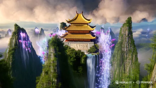 超大远景拍摄,第一人称视角,在一片苍茫的山脉之中,天穹与大地相接,云海翻腾,仿佛天地之间没有尽头。巍峨的仙山耸立其间,山体由青石与翠竹构成,气势磅礴,奇异的灵气如丝如雾,环绕山巅,缥缈无定,似乎能穿透时空与人心。山顶上,一座古老的宫殿悬浮于空中,宫殿金瓦璀璨,宫墙上刻满了精致的符文,散发着幽光。四周飞瀑如银河泻下,水花溅起,化作无数晶莹的灵珠,漂浮在半空中,散发出璀璨的光辉。流水所至,地面上生长着奇花异草,五色灵芝、紫电藤、雪莲与白玉果点缀其间,散发出浓郁的药香,空气中弥漫着一种让人神清气爽的力量。远处,山脉间的一条巨龙盘旋,龙身闪耀着金光,时而腾空飞起,时而又潜入云海,呼啸间带动天地之力,风云变幻。天空中,几位仙人腾空而起,衣袂飘飘,神态自若,手持法宝,施展着各类惊世神通。灵气在他们周围激荡,阵阵雷鸣声与仙音交织,仿佛在演奏一曲天地间最为壮丽的乐章。此地不属于尘世,而是一个充满神秘与力量的仙境。修炼者的气息与大自然的法则融为一体,每一缕风,每一束光,似乎都能激发人内心深处的潜能,助其修成不朽之身。镜头朝山顶宫殿极速推进 by Hailuo AI Video Generator