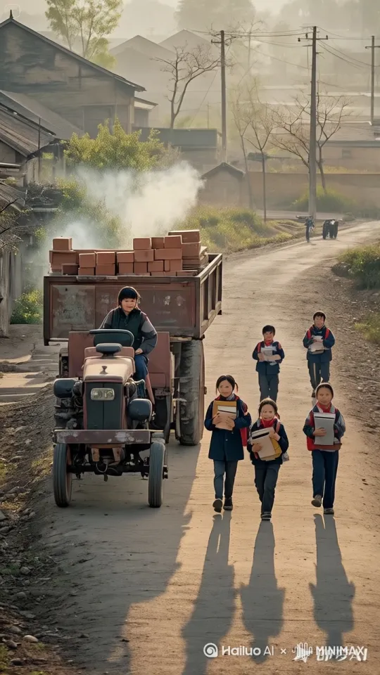 镜头移动，动态跟随，拖拉车慢慢行驶过学生们，一群小学生用中国轻功轻盈的飞上拖拉车后尾，有的甚至半空翻跟斗飞上去 by Hailuo AI Video Generator