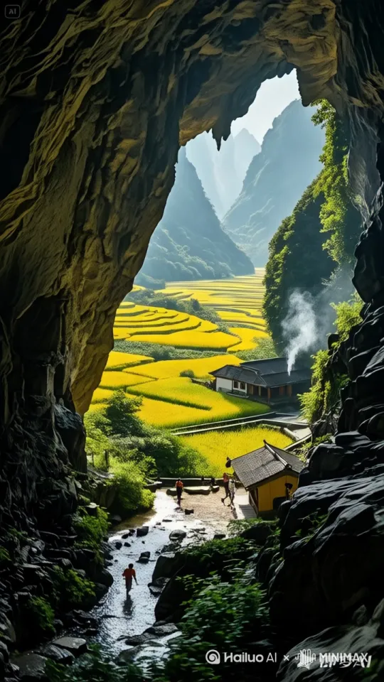 狭窄山洞**：镜头挤压变形（鱼眼效果），岩壁刻有模糊的秦代篆字（一闪而过）。  
  - **豁然开朗**：洞口强光后，镜头如鸟瞰展开——金黄的稻田被风吹动，屋舍间升起炊烟。  
- **运镜**：穿越时镜头剧烈晃动，出洞后瞬间稳定（对比强烈）。  
- **音效**：山洞内水滴回声，出洞后鸟鸣、犬吠、童谣哼唱。 by Hailuo AI Video Generator