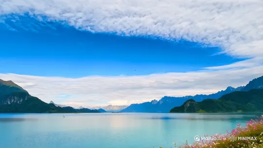 在一曲优美的古筝曲和优美笛声下，蓝天白云晴空万里，山清水秀鸟语花香 by Hailuo AI Video Generator