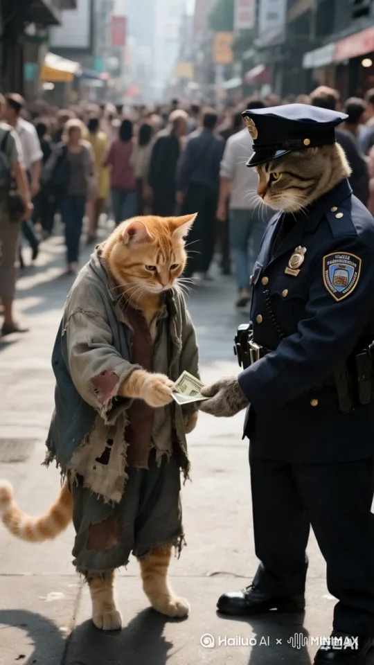 橘猫把钱给穿着警服的猫，镜头不动，橘猫叹气，低着头走路 by Hailuo AI Video Generator