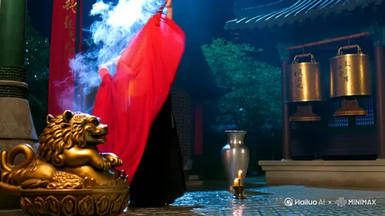 朱弦拂处，金猊香篆乍破，三百六十宫商自编钟泠泠流淌。胡姬腕底羯鼓骤雨初歇，忽闻银瓶乍裂，琵琶倒拨惊起满庭流萤。红绡抛掷间，柘枝舞女的云鬓金步摇簌簌抖落月光，水袖漫卷时，惊鸿掠影正掠过琉璃瓦上凝结的露华。
丝竹渐次沉入水底，鼙鼓忽作春雷，柘枝郎的金甲在烛影里淬出冷光。七宝床上的玉笛吐出清越龙吟，与胡旋女足尖旋起的旋风缠斗，鲛绡裙裾猎猎作响，恰似敦煌壁画中飞天的飘带正挣脱千年封印。当箜篌十三弦齐鸣，满殿珠玉皆化作纷飞的梨花雪，坠入牡丹金瓮中溅起的，是太液池底未央宫的倒影 by Hailuo AI Video Generator