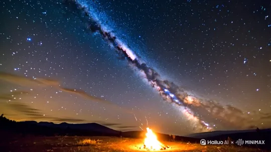 镜头语言+光影**：广角仰拍，星空银河布满画面，地面篝火微光与星光呼应。  
**主体与运动**：篝火火星随风飘散，远处山脉轮廓在星光下若隐若现，偶尔有流星划过。  
**场景与氛围**：通过低饱和色调与慢速镜头增强深邃感，适合搭配空灵的环境音乐，传递宇宙与自然的疗愈共鸣。 by Hailuo AI Video Generator