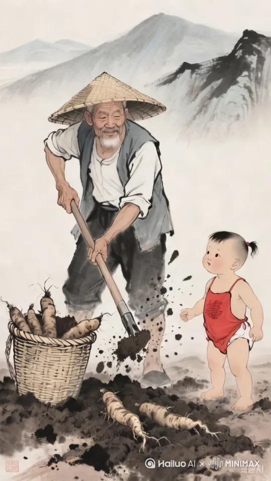 老人用锄头锄地 by Hailuo AI Video Generator