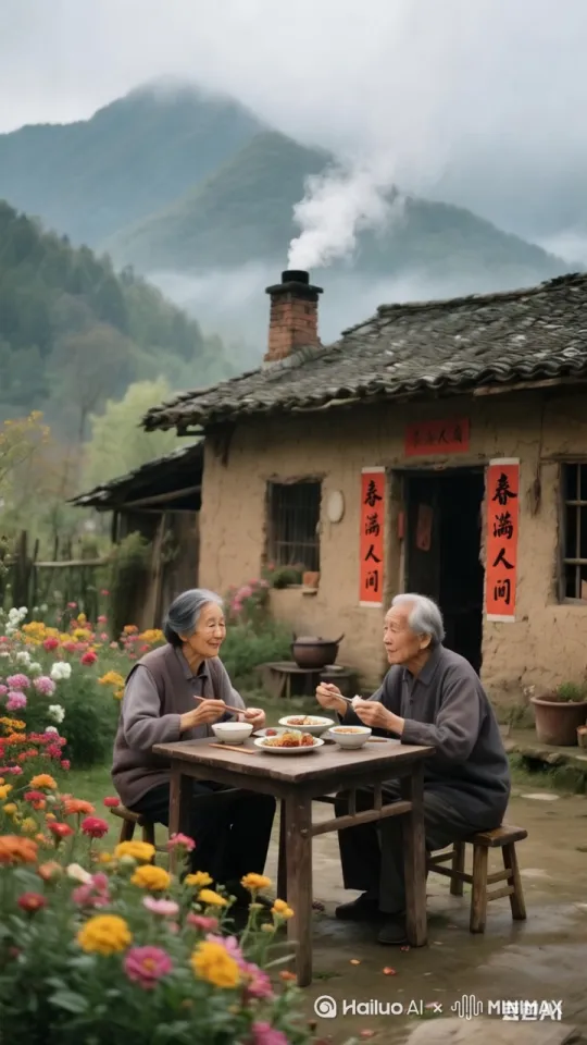 [固定镜头]两个老人吃着饭。聊着天。近景的花被风吹动摇摆。房顶的炊烟随风飘摇 by Hailuo AI Video Generator