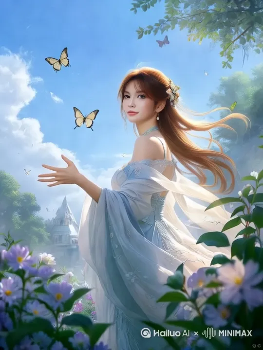 女孩欢快地张开双臂旋转360度，缓缓坐下，面向镜头。[下降] by Hailuo AI Video Generator