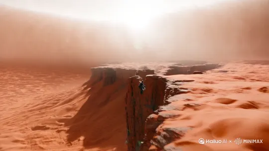 【场景 1：火星沙暴・岩壁危机】
时长：0:00-0:30
景别：大远景→中景→特写
运镜：无人机航拍（大远景）展现红色火星表面被遮天蔽日的沙暴笼罩，镜头俯冲至嶙峋岩壁；切手持摄影（中景）跟拍张铭弓腰攀爬，战术手套紧扣岩缝，身体随狂风剧烈晃动；突然急推至目镜特写，猩红色警报闪烁 “风速 120m/s・气压临界值”。
画面：锈红色沙粒如潮水拍打岩壁，张铭面罩内壁凝结细密水雾，呼吸声在头盔内沉重回响。
音效：狂风尖啸、砂砾撞击头盔声、呼吸面罩的气阀声。
对白：张铭（闷哑，对着通讯器）：“妈的，这鬼天气连呼吸都要收税……” 话音被风声撕碎。 by Hailuo AI Video Generator