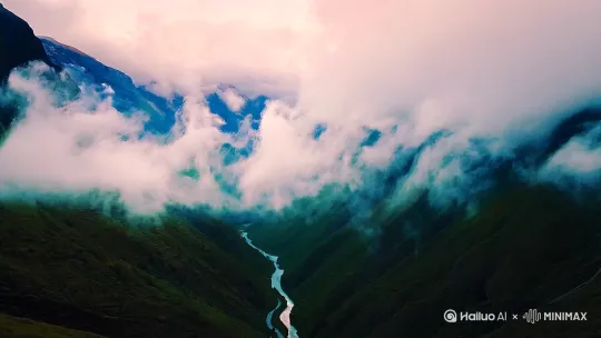 以下是基于张九龄《青溪》诗歌意境生成的3个分场景视频脚本设计，包含运镜控制与镜头语言分析：

---

### **场景一：入山寻溪**
**画面描述**：  
航拍视角下，晨雾缭绕的黄花川山脉连绵起伏，一道青溪如银链穿行于山谷。镜头随溪水方向缓速推进，逐渐聚焦至山脚蜿蜒的溪流。  
**运镜控制**：  
- 开场用大范围航拍广角镜头（24mm），俯视山脉全景，云层流动感增强空灵感  
- 镜头匀速下降至中景（50mm），溪流出现后改为侧向跟随运镜，模拟"逐水而行"的视线  
- 加入轻微抖动模拟步行颠簸感，最后定格于溪流转弯处的浪花特写  

---

### **场景二：溪转山回**
**画面描述**：  
溪水在嶙峋山石间曲折奔流，镜头沿S型水道穿行，两岸峭壁时而遮挡视野，时而豁然开朗。  
**运镜控制**：  
- 使用手持云台第一视角（35mm），模拟人眼高度贴近水面移动  
- 遇急弯时加速横摇镜头（90°转向），岩石遮挡处短暂黑场过渡  
- 配合溪水声渐强渐弱，在"百里无趣途"处切换至俯瞰镜头（70mm）展示河道全貌  

---

### **场景三：石喧松寂**
**画面描述**：  
特写乱石堆中白浪迸溅，水珠飞溅至镜头形成朦胧前景；镜头抬升，穿过雾气展现后方静谧的墨绿色松林。  
**运镜控制**：  
- 低机位超广角（16mm）拍摄激流，1/1000高速快门凝固水花  
- 机械臂垂直抬升运镜，焦平面从前景水珠虚化过渡到后景松林  
- 松林段改用斯坦尼康稳定器平移（24mm），环境音从喧闹渐变为松涛声  

---
影调设计建议：
场景1、场景2、场景3保持青冷色调（色温4500K），实现"客观自然-主观心境"的视觉转化。建议采用4:3画幅比例增强古典感，关键转场处可添加水墨晕染特效。 by Hailuo AI Video Generator