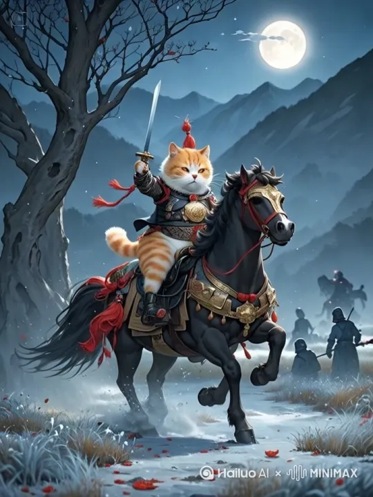 月照荒郊，胖橘猫策马疾驰。乌云踏雪驹四蹄生风，绣春刀柄红缨在夜风中猎猎，道旁古槐枝桠间掠过几道黑影，远处隐约传来金柝报更声。 by Hailuo AI Video Generator