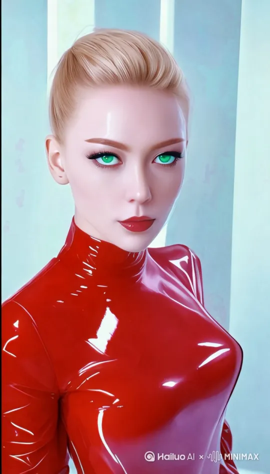 图中女超模在走米兰T台，聚光灯跟随，镜头拉远!人物身穿红色全包乳胶紧身衣，高跟鞋。 by Hailuo AI Video Generator