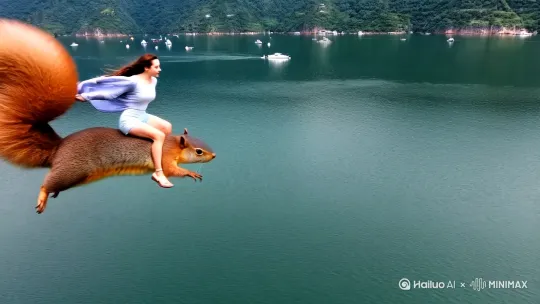 快速高空跟踪镜头移动，无人机视角，背景在一个中国的丹江口水库上，一个美女骑着巨大的松鼠的姿势向前飞行，松鼠轻松地在水库上空踏空飞行，松鼠背着美女，松鼠往前疾奔，仿佛在空中踏出一条路，捕捉平滑飞行的感觉。美女的衣服和头发随风摇摆，相机从略高位置的传视角度紧密跟踪从左后方向右后方移动，随着角色穿越场景。环境是动态的，快速变化，不断往后掠过的水库的自然景观，四周是错落的小船和游艇。 by Hailuo AI Video Generator