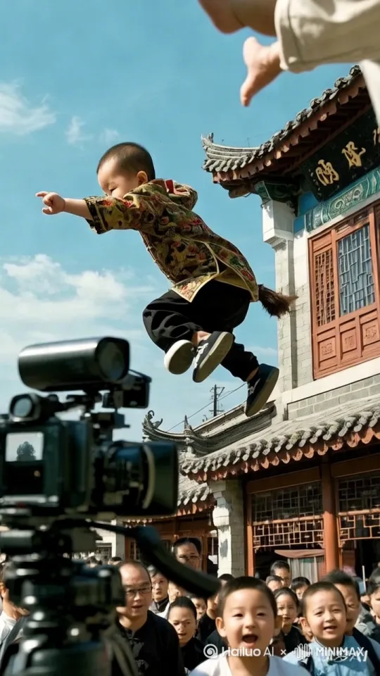 动感十足的纪实摄影风格，一段第一人称视角（POV）超速追踪镜头：在明媚阳光照耀下的繁华都市街道，摄像机以极限速度穿梭，紧追一位奔跑在中国传统农村二层建筑下的婴儿侧面。婴儿身穿传统唐装，脚踏黑色布鞋，宛如一道闪电。他身体微弯，双手紧握成拳，蓄势待发。突然，婴儿爆发出惊人的力量，双腿猛蹬地面，如同离弦之箭，飞跃至空中。他的双臂快速摆动，双腿灵活屈伸，衣角在风中飞扬，仿佛武侠小说中的高手轻功。摄像机紧跟其后，捕捉每一个瞬间，展现她矫健的身姿。随着婴儿接近房顶，镜头角度不断上扬，最终定格在她稳稳落地于二层建筑房顶的那一刻，双脚坚定，背后的衣衫在疾风中猎猎作响。周围聚集了众多围观群众，他们的惊叹声此起彼伏，为这场惊心动魄的表演喝彩。整个画面充满了速度与激情，展现了婴儿非凡的身手和都市生活的独特魅力。近景至远景的动态视角转换，让人仿佛置身于这场极速追逐之中。 by Hailuo AI Video Generator