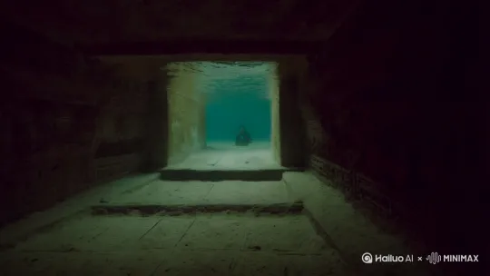 水底汉代墓葬，隐约看到一个人在墓底站着，镜头左摇，下移，靠近墓地 by Hailuo AI Video Generator