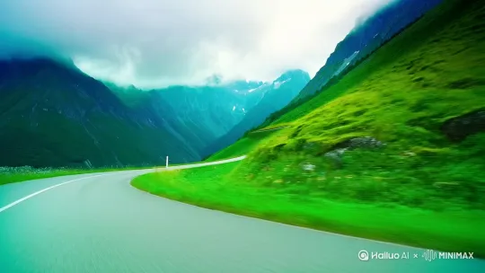 （开场：车窗视角缓缓推进）
 
「车轮碾过柏油路的沙沙声，是自由的前奏」
 
（镜头切至蜿蜒山路全景）
 
「盘山公路像一条绿丝带，串起层叠的山峦与云影」
 
（航拍高山草甸与花海）
 
「风把蒲公英揉碎成星星，洒在绵延的格桑花田上」
 
（特写车轮与路边野花交错）
 
「谁说远方只能是抵达？此刻转弯的惊喜，已是旅途馈赠」
 
（慢镜头仰拍流云掠过山巅）
 
「把心事丢给呼啸而过的山风吧，天空会替你保管蔚蓝」
 
（收尾：车尾灯驶向夕阳）
 
「这条路通往春天，也通向每个不愿醒来的清晨」[右摇,变焦推进] by Hailuo AI Video Generator