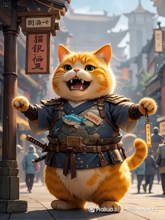 京城闹市街角，一只身披玄色飞鱼服的胖橘猫威风凛凛直立，双爪高举"锦衣卫临时工"木牌，朱漆大字"纹银五两一日"在阳光下泛着寒光，腰间绣春刀随动作轻响。 by Hailuo AI Video Generator