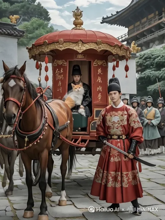 青石官道上停着八驾朱漆马车，辕马打着响鼻。车厢描金"北镇抚司"四字龙飞凤舞，车尾坐着抱刀的胖橘猫，飞鱼服下摆随风翻卷，前后皆是按刀而立的锦衣卫力士。 by Hailuo AI Video Generator