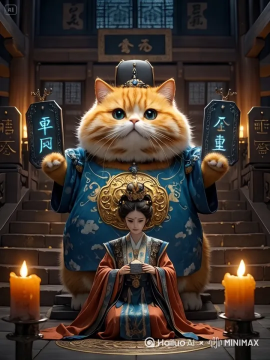 青石官道上停着八驾朱漆马车，辕马打着响鼻。车厢描金"北镇抚司"四字龙飞凤舞，车尾坐着抱刀的胖橘猫，飞鱼服下摆随风翻卷，前后皆是按刀而立的锦衣卫力士。 by Hailuo AI Video Generator
