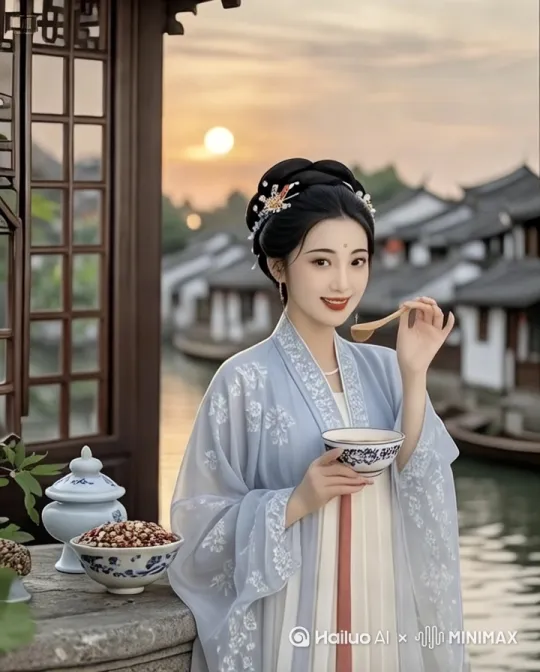夕阳为水乡镀上暖金，河面波光粼粼，远处白墙黑瓦的古建在暮色中若隐若现。身着蓝白花纹汉服的女子，发髻点缀精致发饰，一手端着蓝白瓷碗，一手执木勺。她低头舀起一勺豆汤，红豆、薏仁等食材在汤中清晰可见，缓缓送入口中，神情悠然惬意。石桌上，盛着豆子的瓷碗与青瓷摆件相映，微风轻拂，水面泛起细浪。女子慢品豆汤，动作优雅，将水乡黄昏的闲适韵味，融入每一口温热的豆汤之中。 by Hailuo AI Video Generator