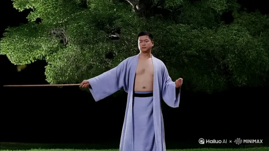 月黑风高夜抡圆了疯魔棍法，  
扫落满树银杏如撒金纸，  
忽然旋身定格成飞天反弹琵琶，  
露水顺着锁骨淌进《心经》第三行：  
“无眼耳鼻舌身意...哎哟！”  
（注：被功德箱砸了脚） by Hailuo AI Video Generator