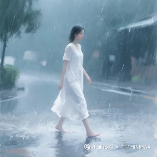 女子一个人走在雨里，雨不停的下着打在身上。 by Hailuo AI Video Generator