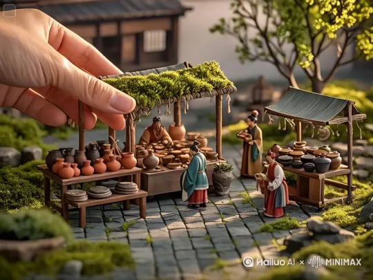 主场景引导：
 
"手部自然垂落作为视觉导线，微光粒子从指尖流淌引入微缩世界，镜头跟随光流穿过陶器摊位的镂空竹棚，全景展现1:87比例的沉浸式集市场景"
 
动态元素构建：
 
 
 
人物动态："扎蓝染头巾的陶匠手指灵巧转动陶轮，青烟从半成品陶罐口螺旋升起/穿绣花围裙的妇人踮脚悬挂彩釉陶铃，铜风铃在晨光中旋转折射光斑/包头巾老者手持长烟斗指挥三只驮货小毛驴穿行摊位"
 
环境动态："陶器摊位上釉面反光如水波纹荡漾，粗陶罐口飘出带着谷物香气的白雾/背景古榕树气根随不可见的风缓慢摇曳，叶片间漏下跳动的光斑投影在青石板路上"
 
 
 
非凡热闹特效：
 
"微观视效：陶罐内部透出橘色炉火光芒，隐约可见微型铁匠敲打金属的火星四溅/动态景深处理：前景陶碗里的米酒泛起涟漪，中景竹筛上的陶珠自发滚动，远景木阁楼纸窗忽明忽暗透出人影"
 
自然运镜设计：
 
"从手部特写开始180度环绕下降，穿过悬挂的陶风铃群时触发清脆音效，俯拍集市全景时展现炊烟螺旋升空轨迹，最后推进到某个陶罐内部显露正在烧制的迷你城市"
 
光影氛围强化：
 
"晨雾质感的丁达尔光线穿透场景，陶器釉面反射带虹彩的光斑/动态阴影系统：随着虚拟太阳角度变化，竹编货架的影子缓慢偏移掠过地面奔跑的母鸡群"
 
 
 
【画面参数建议】：
 
帧率：48fps动态模糊
 
色彩：暖棕主色调（陶土色9c6947+釉面青6b9080）
 
动态范围：HDR10+局部高光（金属/釉面反光处）
 
运镜速度：0.5x慢速穿越与2x快速横移交替[左移,推进,右摇] by Hailuo AI Video Generator