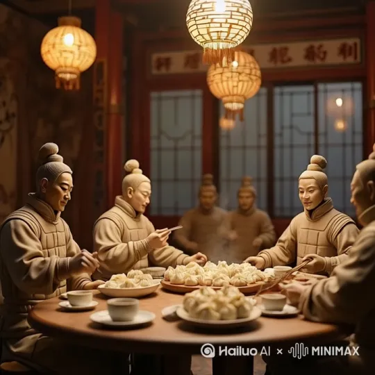画面中的所有人缓缓摆动身体，随后齐刷刷地拿出吉他开始演奏。 by Hailuo AI Video Generator