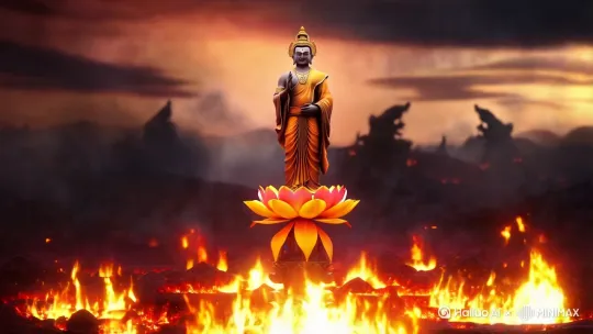 地藏菩萨站在莲花座上，下面是地狱的火焰 by Hailuo AI Video Generator