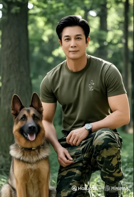 特种乒带着军犬埋伏在树林深处，等待一只路过的巨大黑熊，于是展开了激烈的嘶杀，最终战胜了黑熊。 by Hailuo AI Video Generator