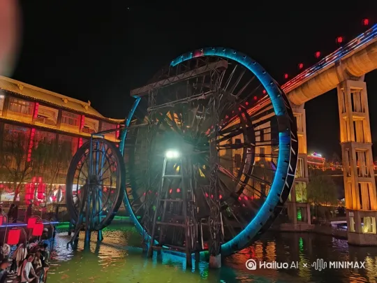让两个风车转起来，水流动起来，人流慢一点 by Hailuo AI Video Generator