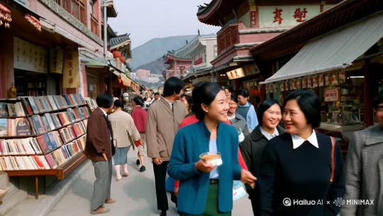七十年代的北京，大街上有商店、书店、饭馆、杂货店等，人们从街上走过，互相打招呼 by Hailuo AI Video Generator