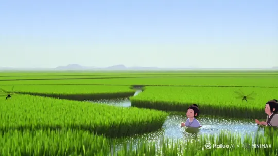 宫崎骏风格的动画片，孩子们在稻田里捉蜻蜓 by Hailuo AI Video Generator
