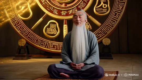 一位鹤发童颜的老人在打坐，老人胡须发白，背后八卦罗盘在转动，上面写着八卦五行，一道金光，天地正气贯穿一气，让人肃然起敬 by Hailuo AI Video Generator