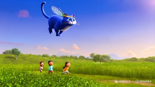 一只可爱的蓝色猫头上戴着竹蜻蜓在天上和孩子们飞翔 by Hailuo AI Video Generator