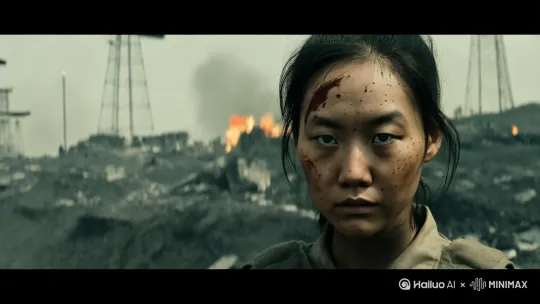 图片场景人物保持不变
以女人为中心，镜头逐渐拉远，同时环绕拍摄，呈现出女人在战壕中的整体场景，包括远处倾倒通讯塔、燃烧装甲车等，强调女人在宏大残酷战争环境中的渺小与不屈，画面风格为军事纪实摄影，带柯达 Ektachrome 胶片颗粒质感，Unreal Nanite 几何体打造真实细节。 by Hailuo AI Video Generator
