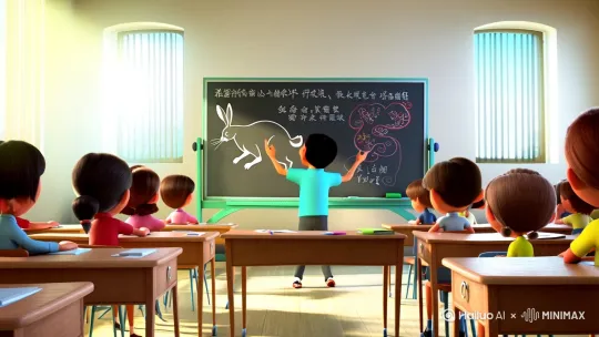 在一在一个明亮的早晨，丽丽正在上课黑板上老师画了一个大大的兔子。老师正在讲解十二生肖的故事。开始是全景整个教室的场面镜头，接着转到了老师的身上，老师指了指黑板上的兔子，最后镜头转到了莉莉。 Lily是一个12岁的小女孩，有着大大的眼睛，还有着一个马尾辫。 by Hailuo AI Video Generator
