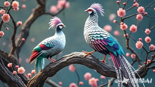 两只鸟在枝头欢快的跳跃玩耍[推进,上升] by Hailuo AI Video Generator