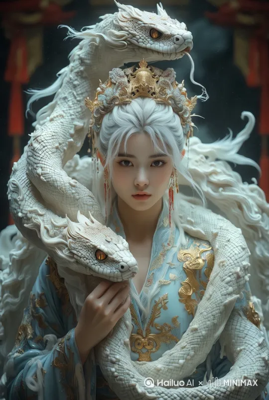 画面中的女人眼睛发出蓝色的光和淡淡的烟雾，女人身上的两条蛇围绕着她游走盘旋[右移,左摇,跟随] by Hailuo AI Video Generator