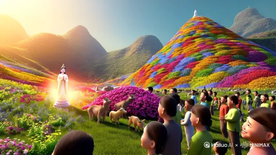 穿戴华丽的观音菩萨行走在名山圣地，每走一处鲜花盛开，普光关照大地，鸟语花香，前来朝圣的善男信女们喜开颜笑，恭敬爱慕。
动物们和谐相处，人们平安喜乐。 by Hailuo AI Video Generator