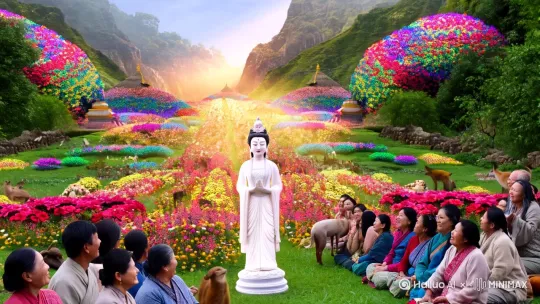 穿戴华丽的观音菩萨行走在名山圣地，每走一处鲜花盛开，普光关照大地，鸟语花香，前来朝圣的善男信女们喜开颜笑，恭敬爱慕。
动物们和谐相处，人们平安喜乐。 by Hailuo AI Video Generator