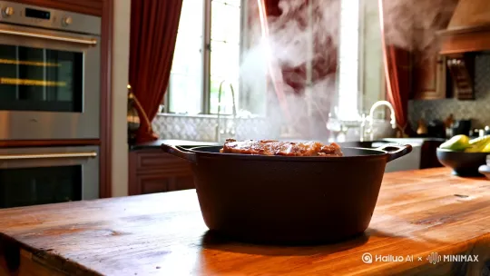 红烧牛肉的做法：酷彩铸铁锅汤锅炖牛肉 厨房欧式风格装修牛肉冒着热气 by Hailuo AI Video Generator