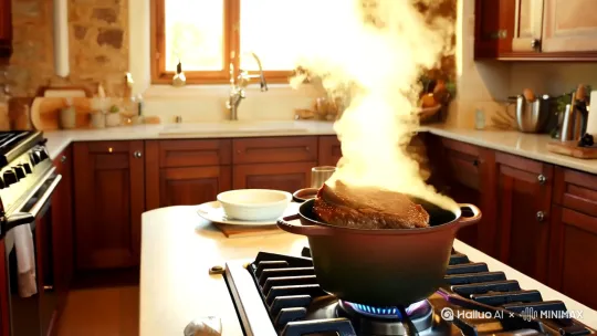 红烧牛肉的做法：酷彩铸铁锅汤锅炖牛肉 厨房欧式风格装修牛肉冒着热气 by Hailuo AI Video Generator