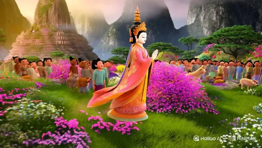 穿戴华丽的观音菩萨飘飘欲仙在名山圣地，每走一处鲜花盛开，普光关照大地，鸟语花香，前来朝圣的善男信女们喜开颜笑，恭敬爱慕。
动物们和谐相处，人们平安喜乐。 by Hailuo AI Video Generator