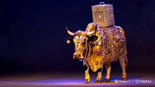 帮我做一个金光珠宝老牛送宝图: 老牛肥硕，金光闪闪，身上托着重重的珠宝盒子，盒子镶满了珠宝，深色背景，全身珠宝装饰的老牛缓缓走来，带来闪耀的财宝。
珠宝牛送财: 深色调，金光珠宝装饰的老牛，慢速走向镜头，运送金币和宝石。
闪耀宝石牛送福: 深色场景，老牛全身镶嵌闪耀珠宝，缓缓走来，象征财富和好运。
满身雍容华贵
身上有珠宝装饰和黄金闪闪的黄金，走路[右移,左摇,跟随]
比例为9:16 by Hailuo AI Video Generator