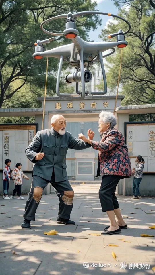 镜头移动，动态跟随，展现两个人史诗般的激烈打斗场面，两个人正在进行惊心动魄的中国功夫对决。左边的人右脚轻点地面，身体如旋风般旋转，左腿高高抬起，以一记凌厉的侧踢攻向对手的头部，速度极快。右边的人一个前滚翻躲开，起身时双腿连环踢出，腿影重重，令人眼花缭乱。两人的招式变化无穷，身影在环境中快速移动，忽左忽右，地面灰尘四起，展现出中国功夫的博大精深。无人机螺旋桨高速旋转，缆绳稳稳缚住两个人的身体随着无人机快速升空，两个人缓缓脱离地面，整个身体悬空飞起。周围群众仰头围观，激动拍手狂欢，有人振臂欢呼、上演科技牵引人物升空的震撼动态场景，热闹氛围拉满。 by Hailuo AI Video Generator
